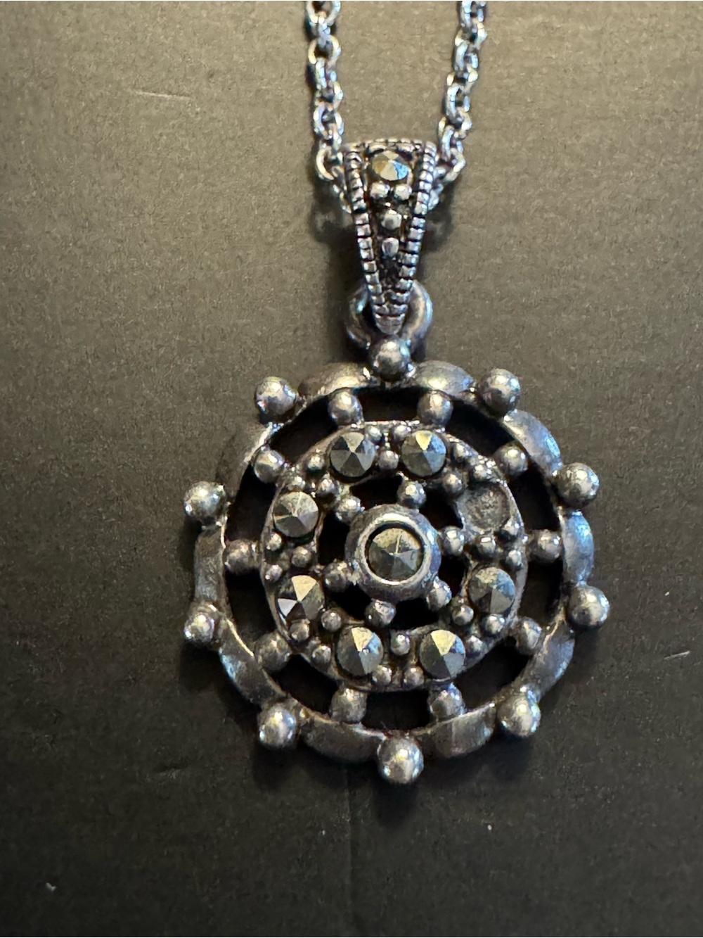 Sterling Silver Marcasite Art Deco Style Pendant Necklace - 18”
